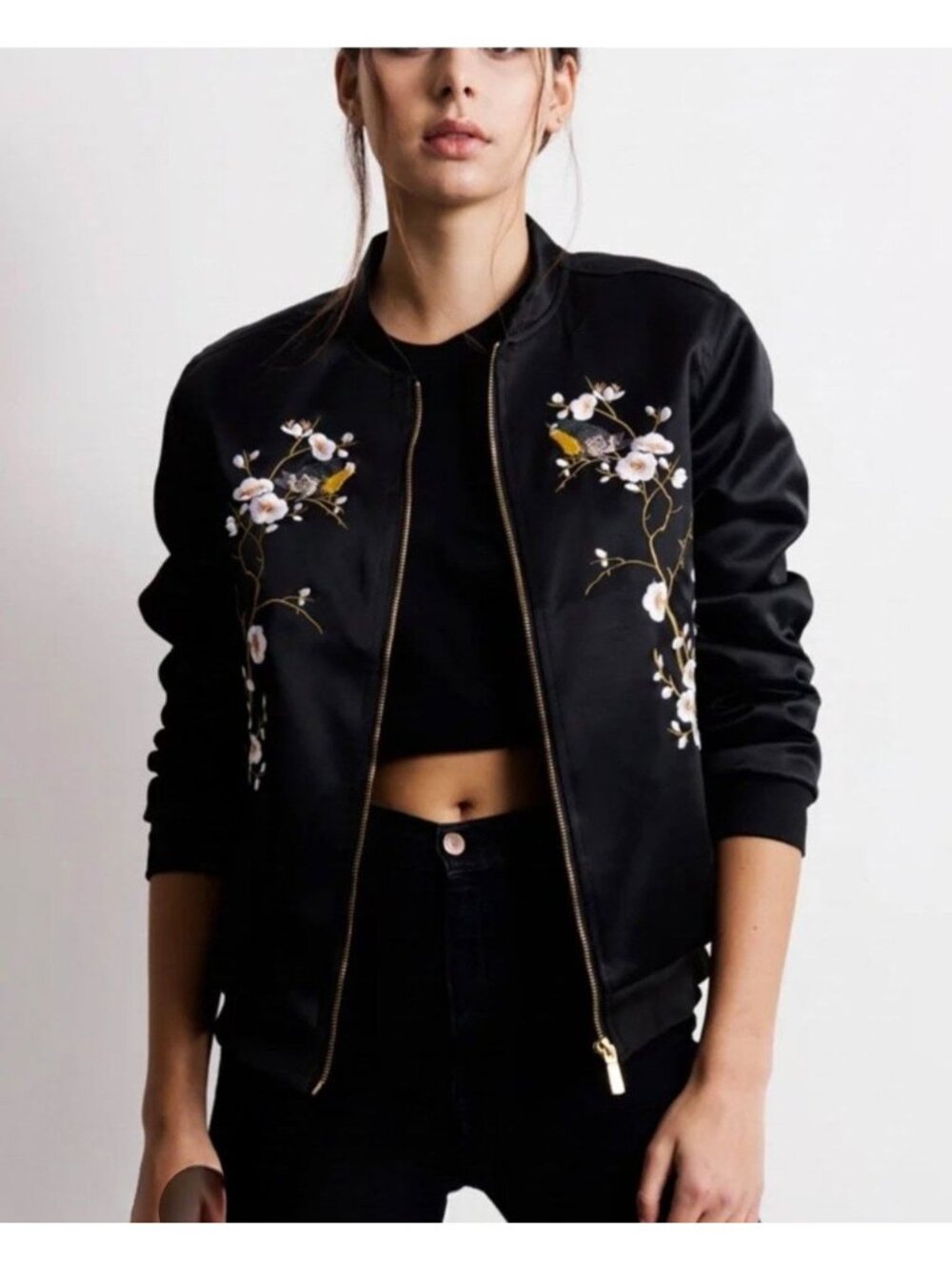 Zara Woman M Bomber Jacket Black Satin Cherry Blossom Asian Embroidered Edgy